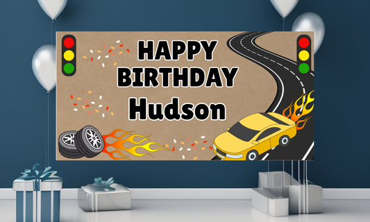 Racecar Birthday Banner | 3ft x 5ft Hand Painted Banner